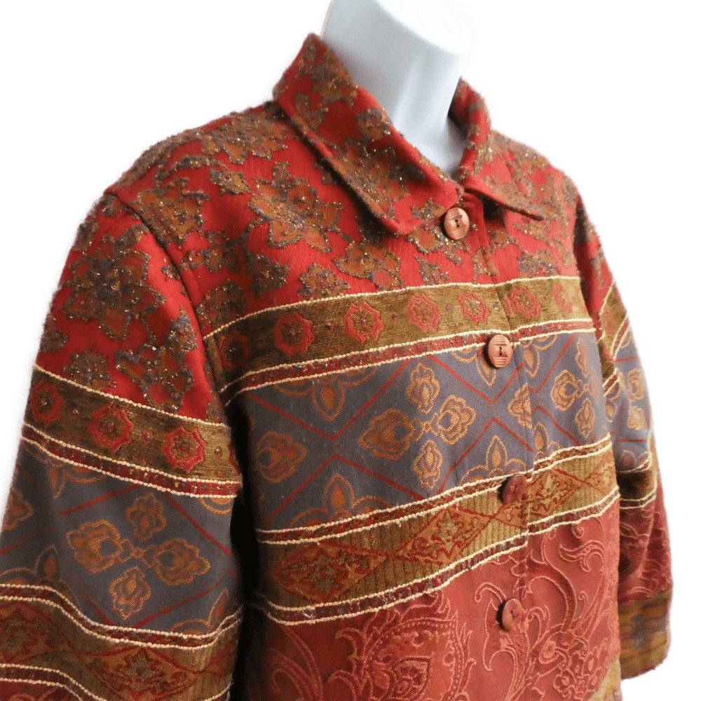Vintage USA Coldwater Creek Jacket Tapestry Lurex Brocade Vents Neutrals Mixed M